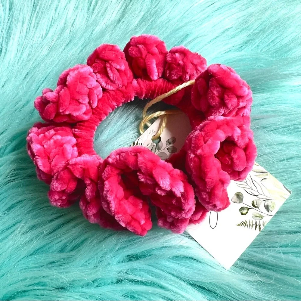 Handmade Crochet VELVET Luxe Hot Pink Candy Plush Hair Scrunchie PinkRainCloud